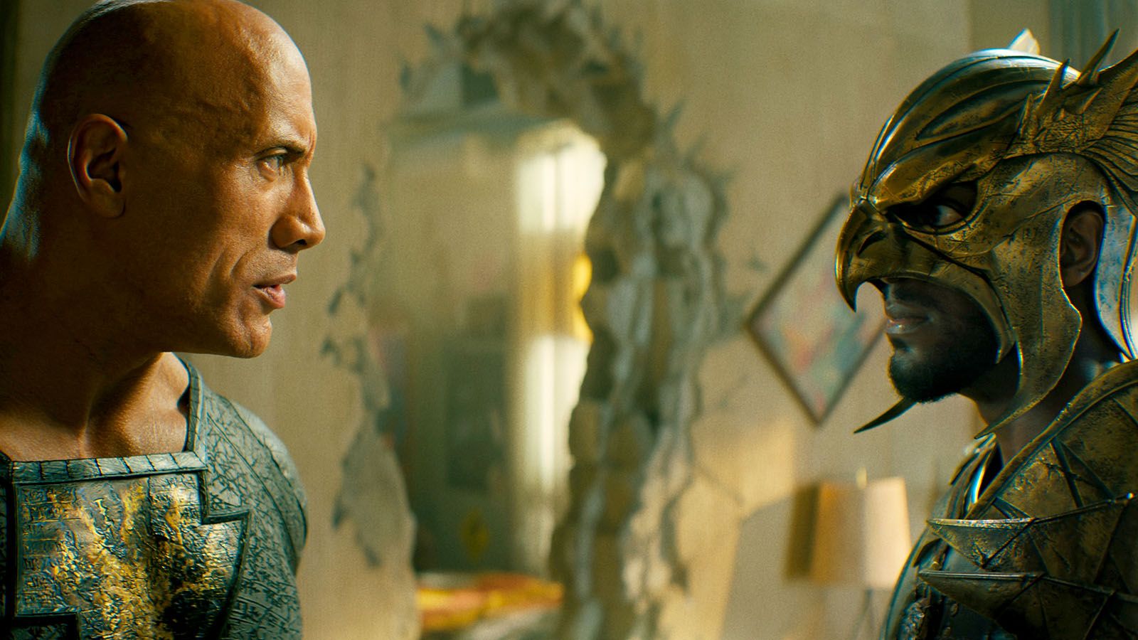 Dwayne Johnson, left, and Aldis Hodge star in the No. 1 movie at the U.S. box office, Black Adam.