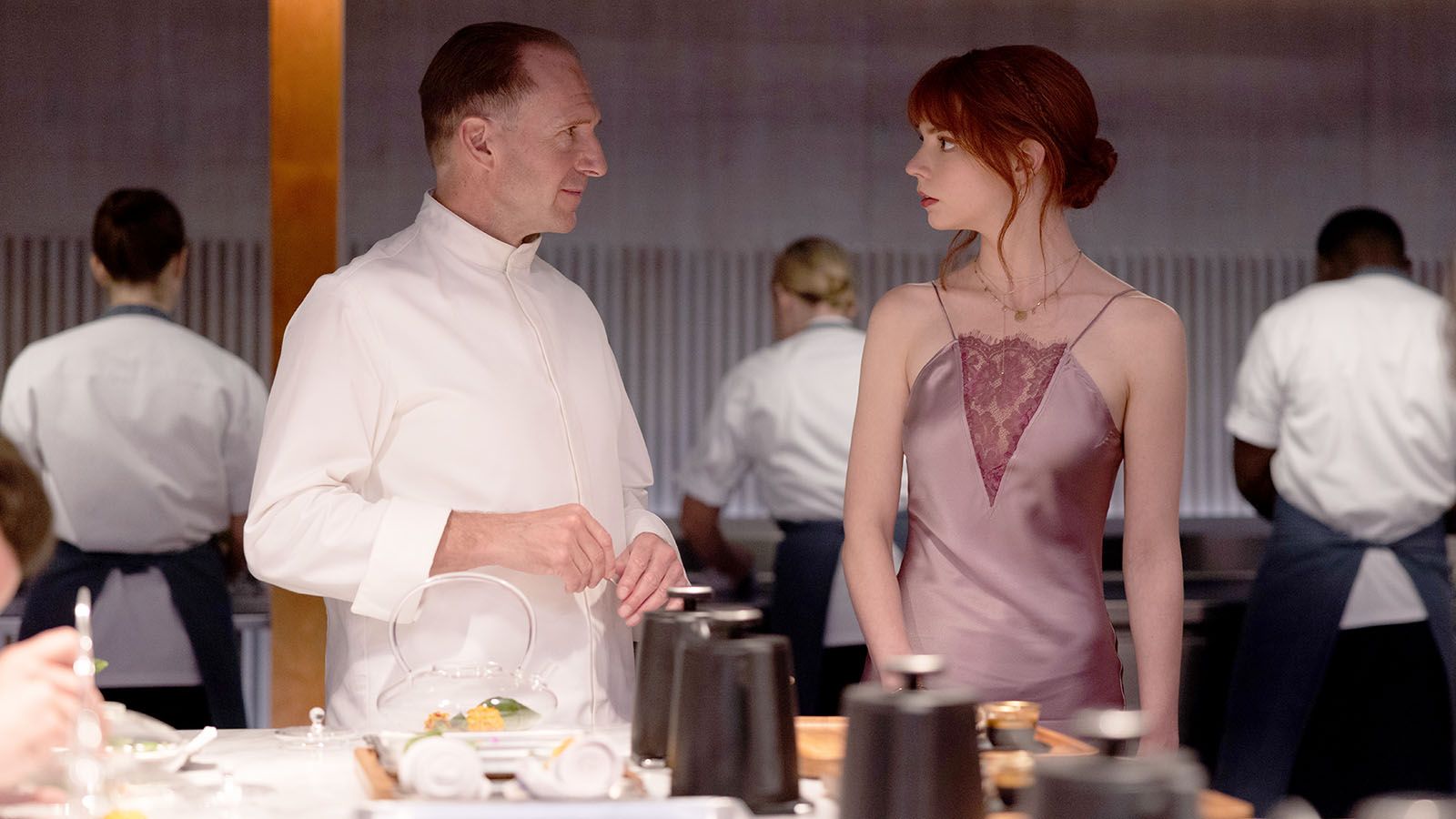 Ralph Fiennes and Anya Taylor-Joy share a scene in "The Menu."