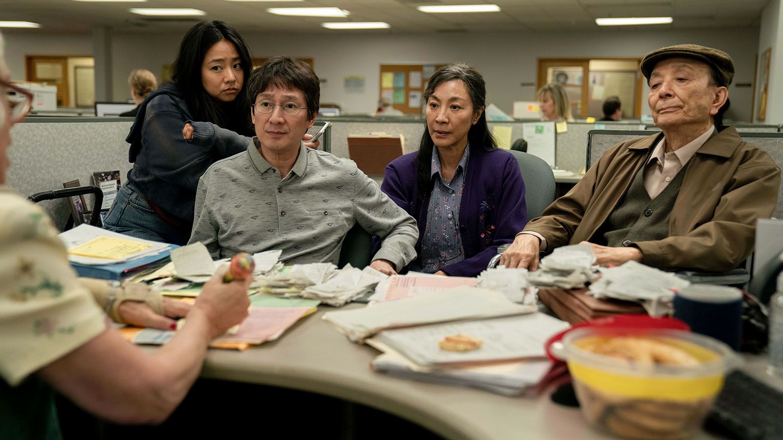 Everything Everywhere All at Once, starring, from left, Stephanie Hsu, Ky Huy Quan, Michelle Yeoh, and James Hong, is nominated for a bevy of Academy Awards, including Best Picture.
