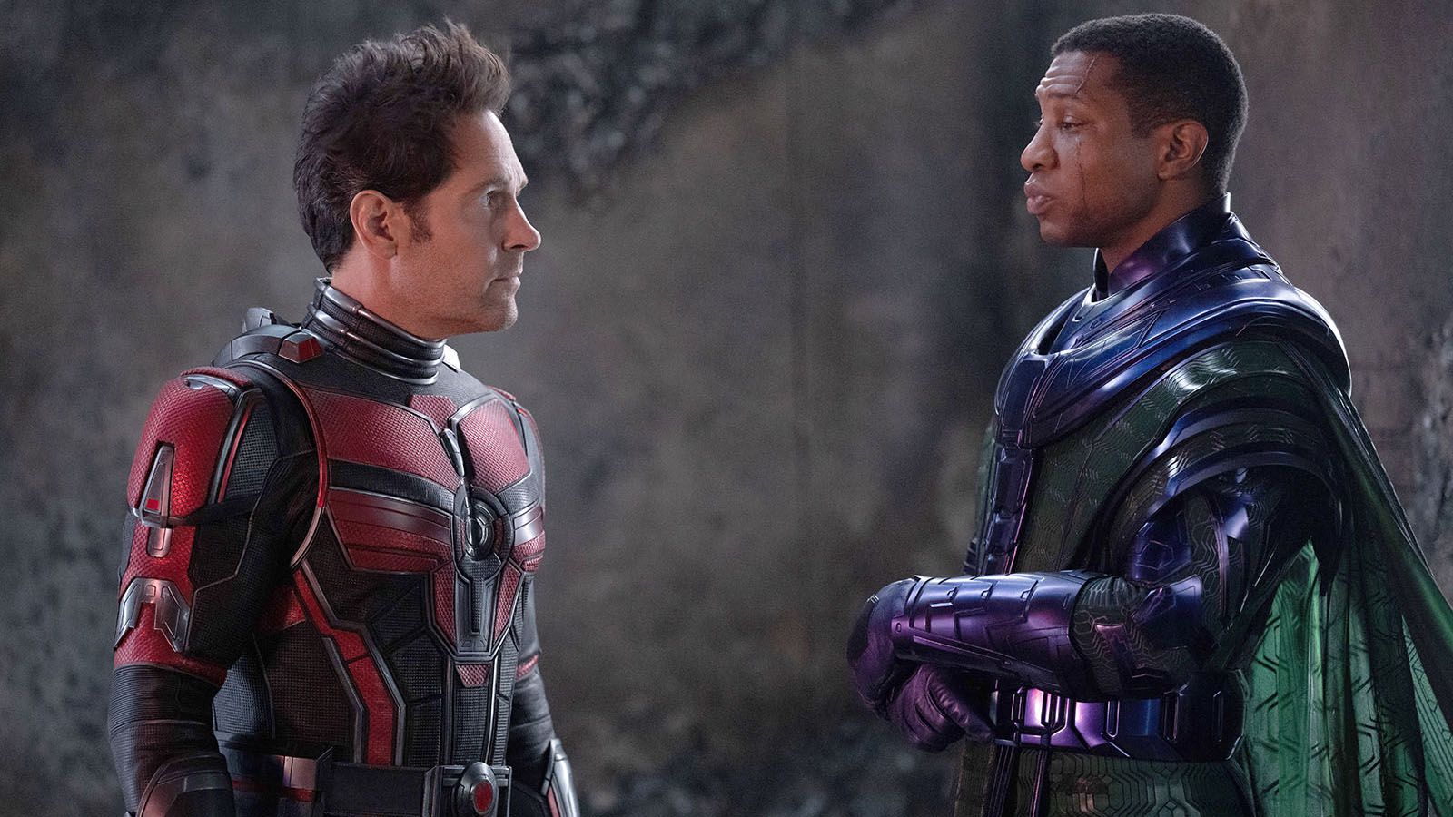 Ant-Man (Paul Rudd), left, and Kang The Conquerer (Jonathan Majors) square off in the latest entry in the MCU, Ant-Man and The Wasp: Quanumania.