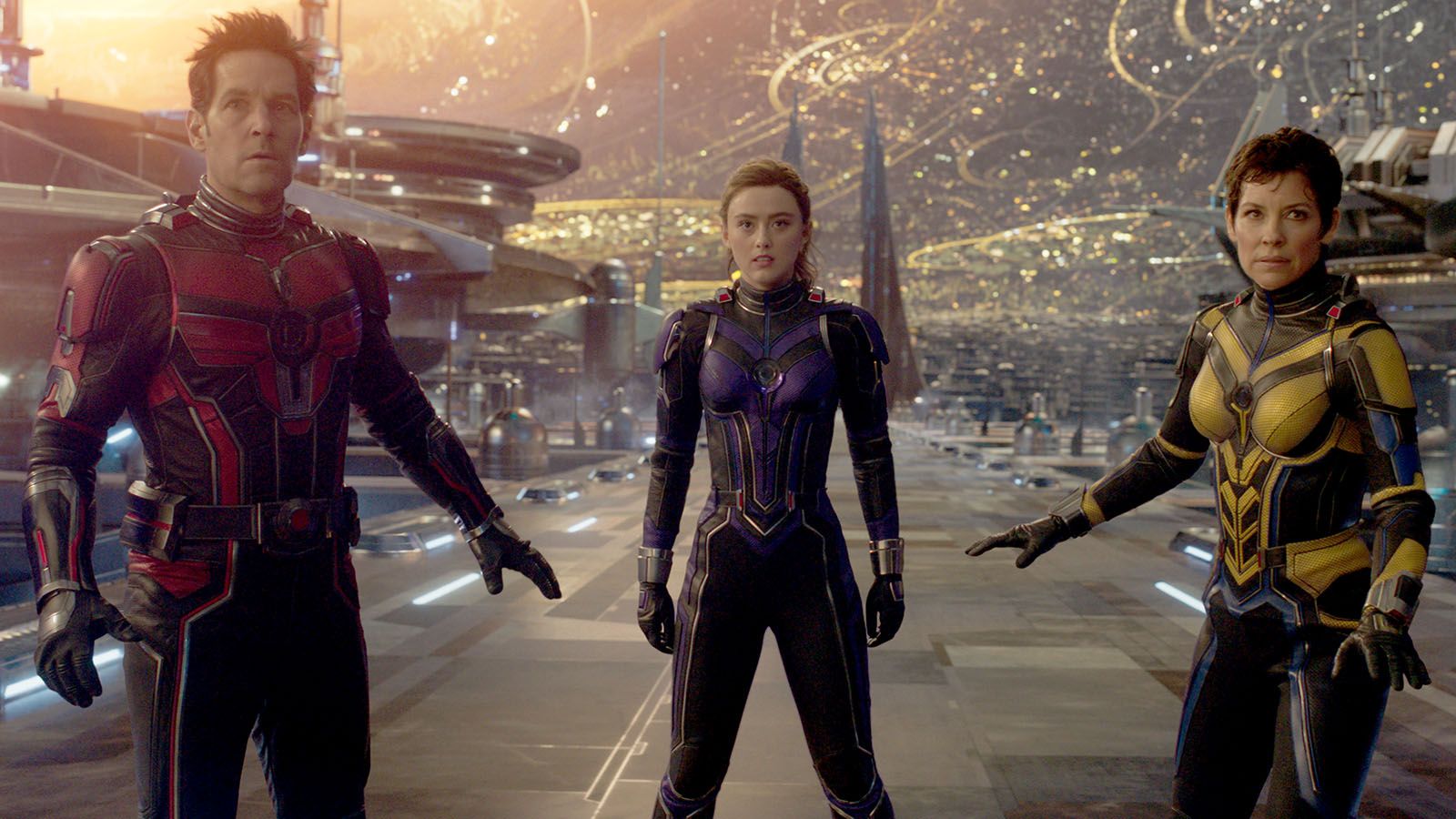 The Marvel Cinematic Universe scored another No. 1 movie with Ant-Man and The Wasp: Quantumania, starring, from left, Paul Rudd, Kathryn Newton, and Evangeline Lilly.
