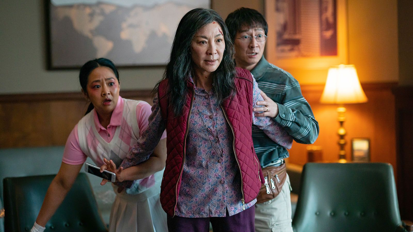 Everything Everywhere All at Once, starring, from left, Stephanie Hsu, Michelle Yeoh, and Ke Huy Quan, took home seven Oscars. Among the wins were Yeoh for Actress in a Leading Role and Quan for Actor in a Supporting Role.