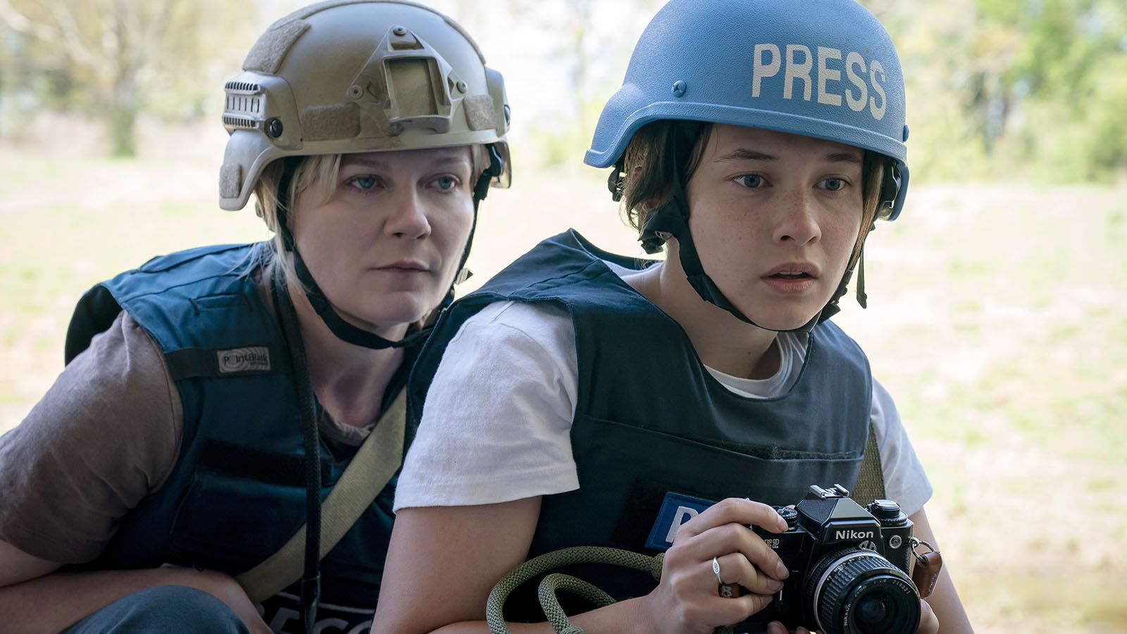 Kirsten Dunst, left, and Cailie Spaeny star in the new A24 film Civil War.