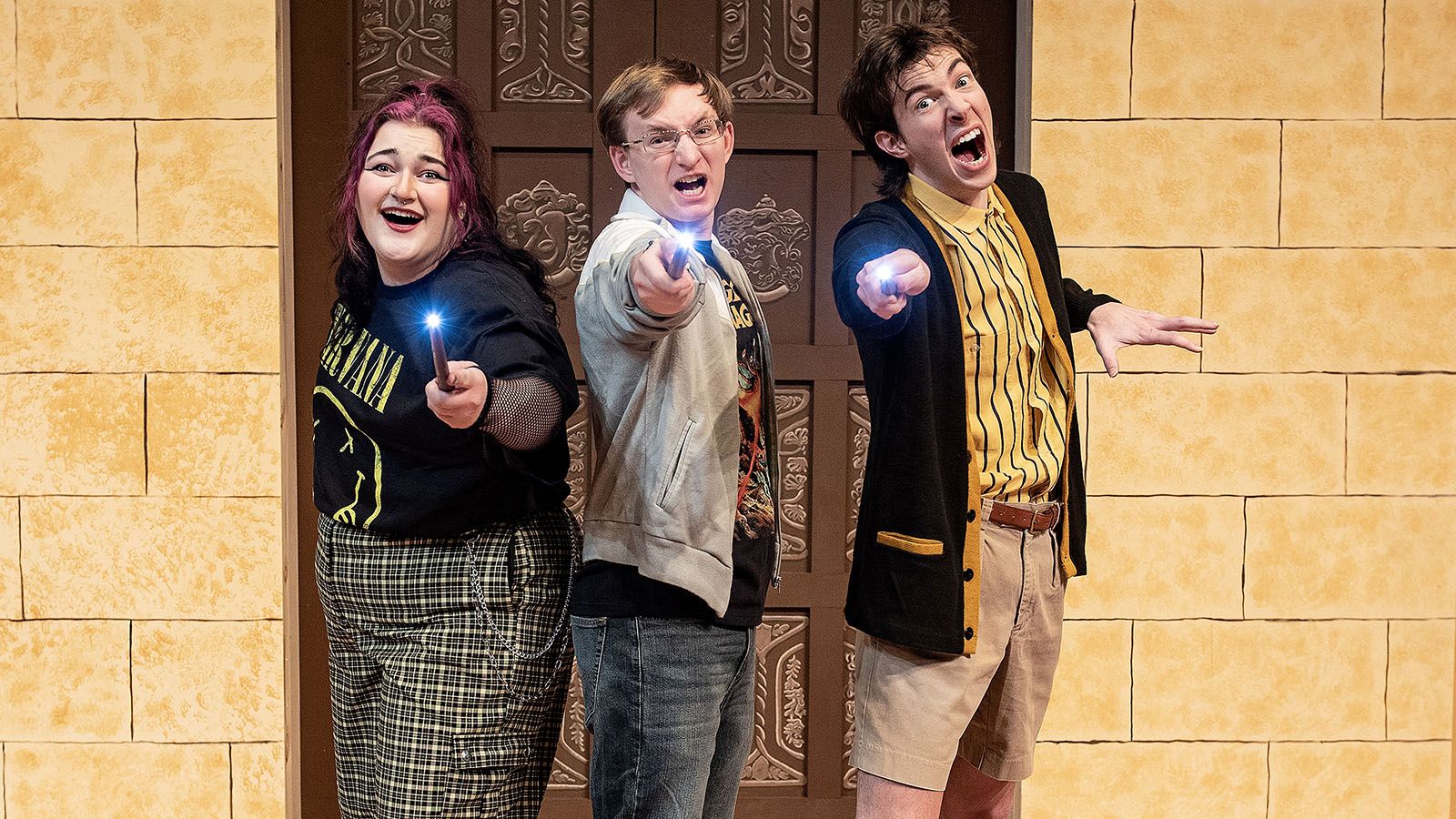 There are opportunities to catch Purdue Fort Wayne’s production of Puffs, or Seven Increasingly Eventful Years at a Certain School of Magic and Magic. The play stars, from left, Lori Ulick, Evan Snaufer, and Gabriel Reed.