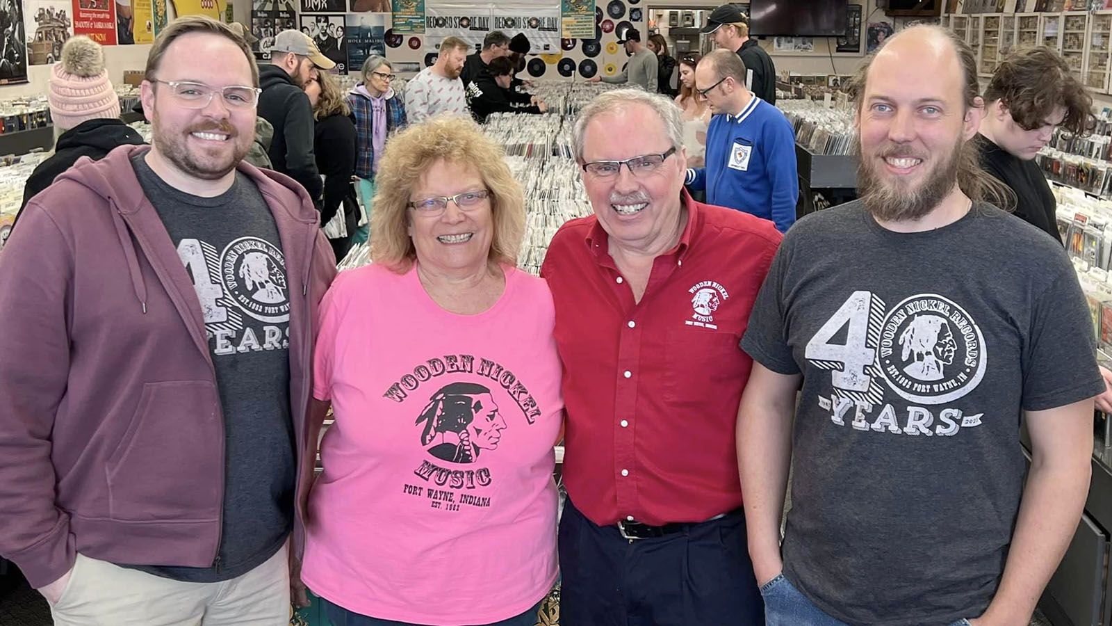 Following his retirement, former Wooden Nickel Records owner Bob Roets will have more time to spend with his family, from left, son Andy Roets, wife Cindy Roets, and son and new Wooden Nickel Records owner Christopher Roets.