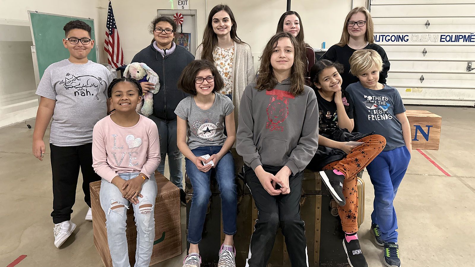 Fort Wayne Youtheatre’s Aesop’s Fables features neurodivergent and neurotypical actors. The cast includes, front from left, Aly Celaya, Sofia Brown, Bayani Spradling, Amya Howell, and Sam Chrzan; and back from left, Jaiden Littlejohn, Unique Keairnes, Lydia Moran, Chloe Zuehsow, and Shae English. Not pictured: Olivia More and Max Casazza.