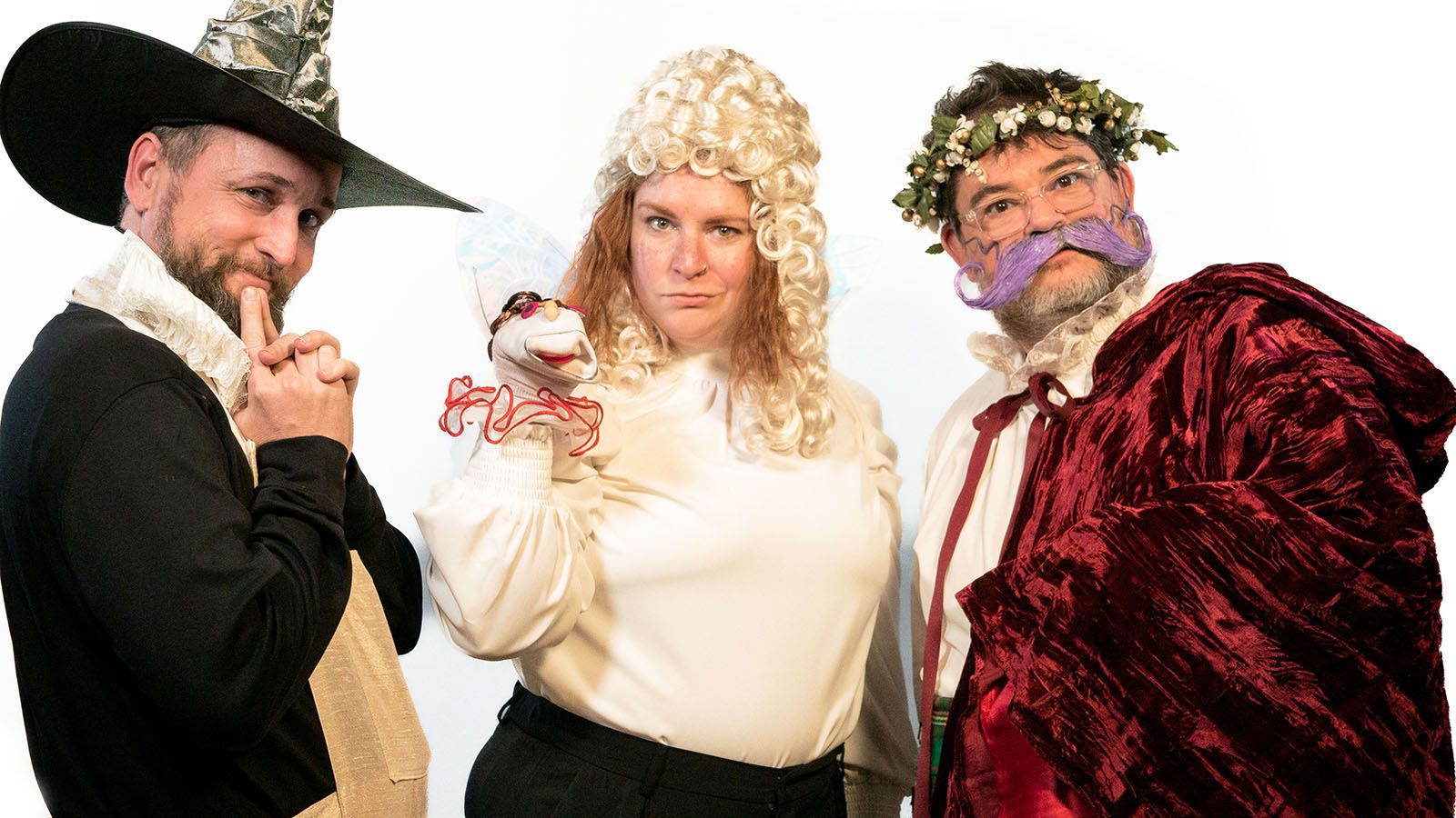 The Fort Wayne Civic Theatre’s production of The Complete Works of William Shakespeare (Abridged) stars, from left, Bob Ahlersmeyer, Hayley Johnson, and Nol Beckley.