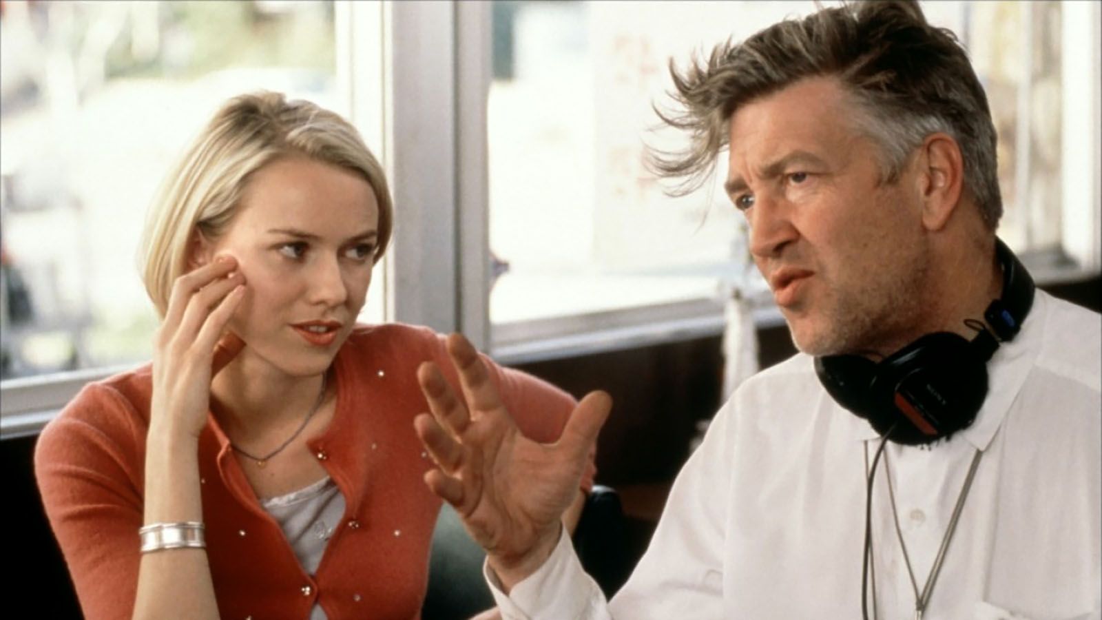 David Lynch works with Naomi Watts on the set of Mulholland Drive.