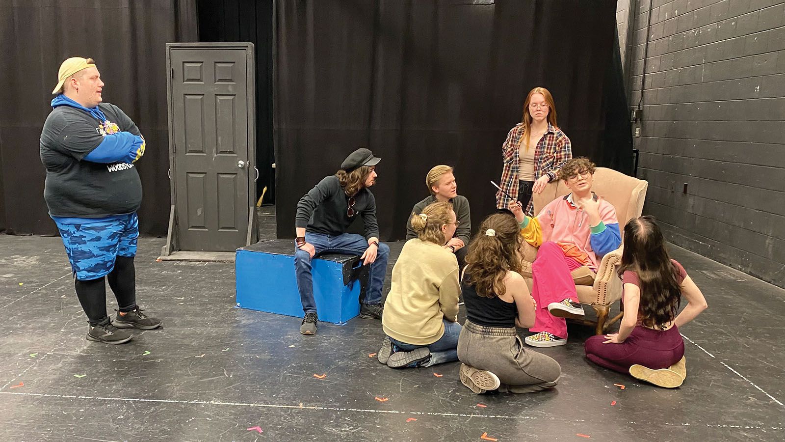 The cast of the upcoming PFW Department of Theatre’s production of Black Snow rehearse a scene. The show opens Friday, April 19, in the campus’s Studio Theatre.