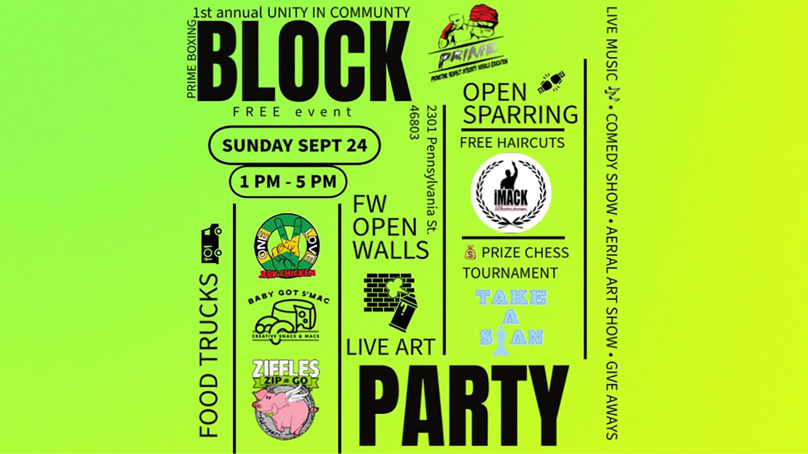 The Unity in Community Block Party will be Sunday, Sept. 24, outside Prime Boxing.