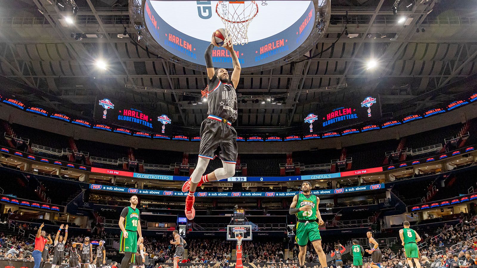 There will be plenty of high-flying action when the Harlem Globetrotters stop at Memorial Coliseum on Wednesday, Jan. 1.