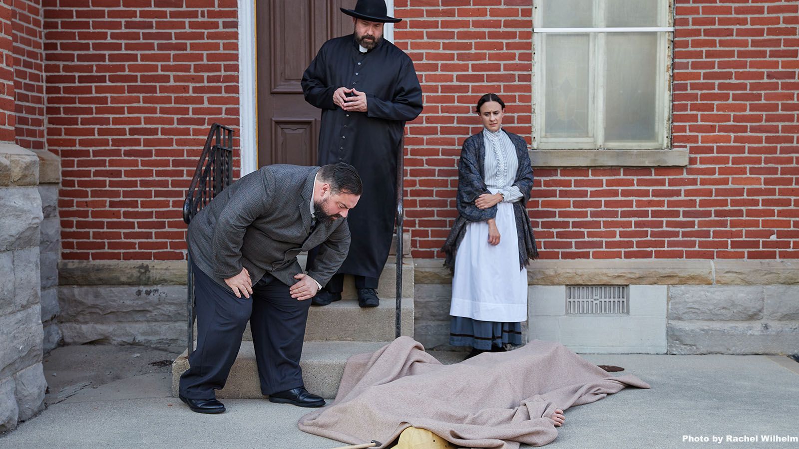 Among the stars of all for One productions’ upcoming show Father Brown are, from left, Jeff Salisbury as Valentine, Andrew Rodenbeck as Father Brown, and Rachel Walker as Mary Barnes.