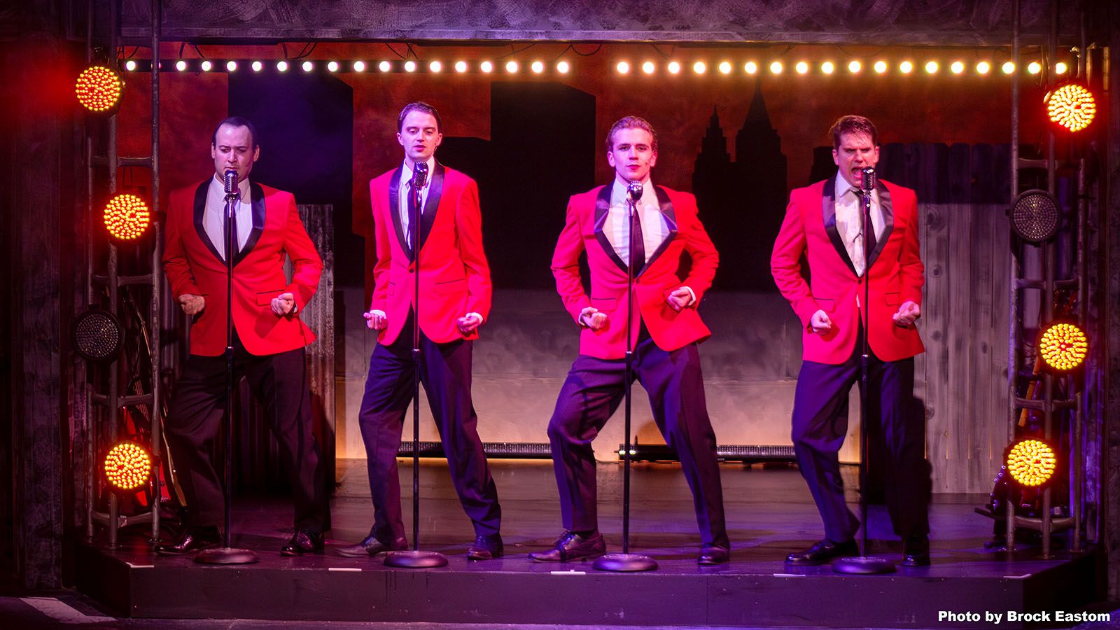 The music of Frankie Valli & The Four Seasons is brought to life in the Fort Wayne Civic Theatre’s production of Jersey Boys. Running through May 19 at Arts United Center, the show stars, from left, Aaron Mann, Dylan Record, Owen Saalfrank, and Adam Cesarz.