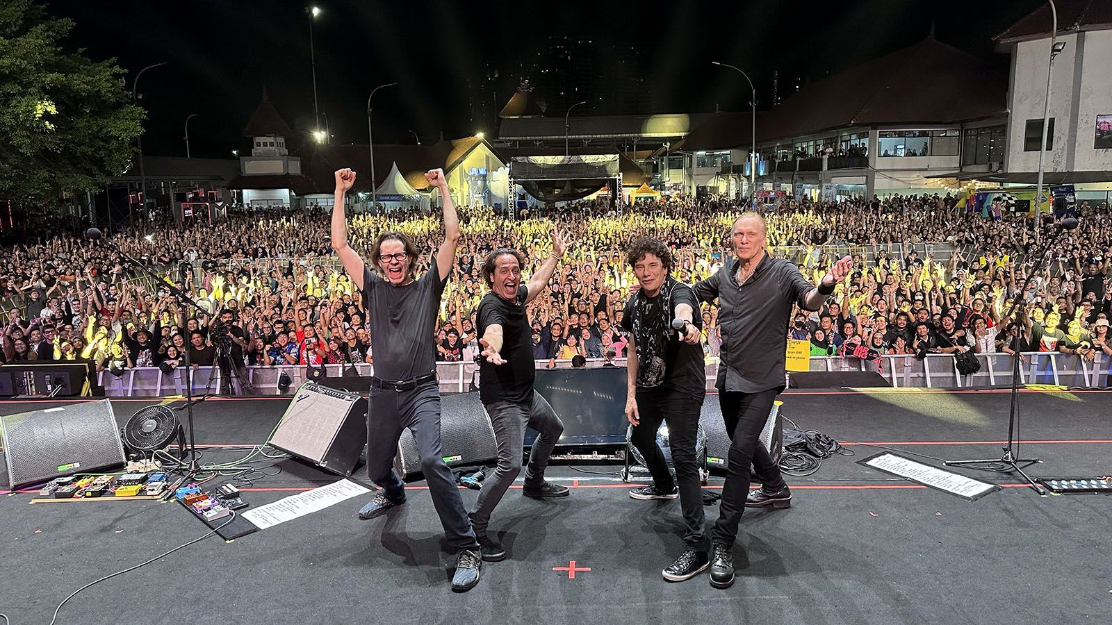 Mr. Big, from left, Paul Gilbert, Nick D’Virgilio, Eric Martin, and Billy Sheehan, have been busy touring the world, pictured here in August at The 90s Festival at Jakarta International Expo in Indonesia. They will be at Honeywell Center in Wabash on Wednesday, Feb. 14.
