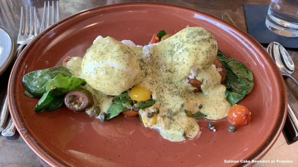 Salmon Cake Benedict is a brunch item worth checking out at Proximo.