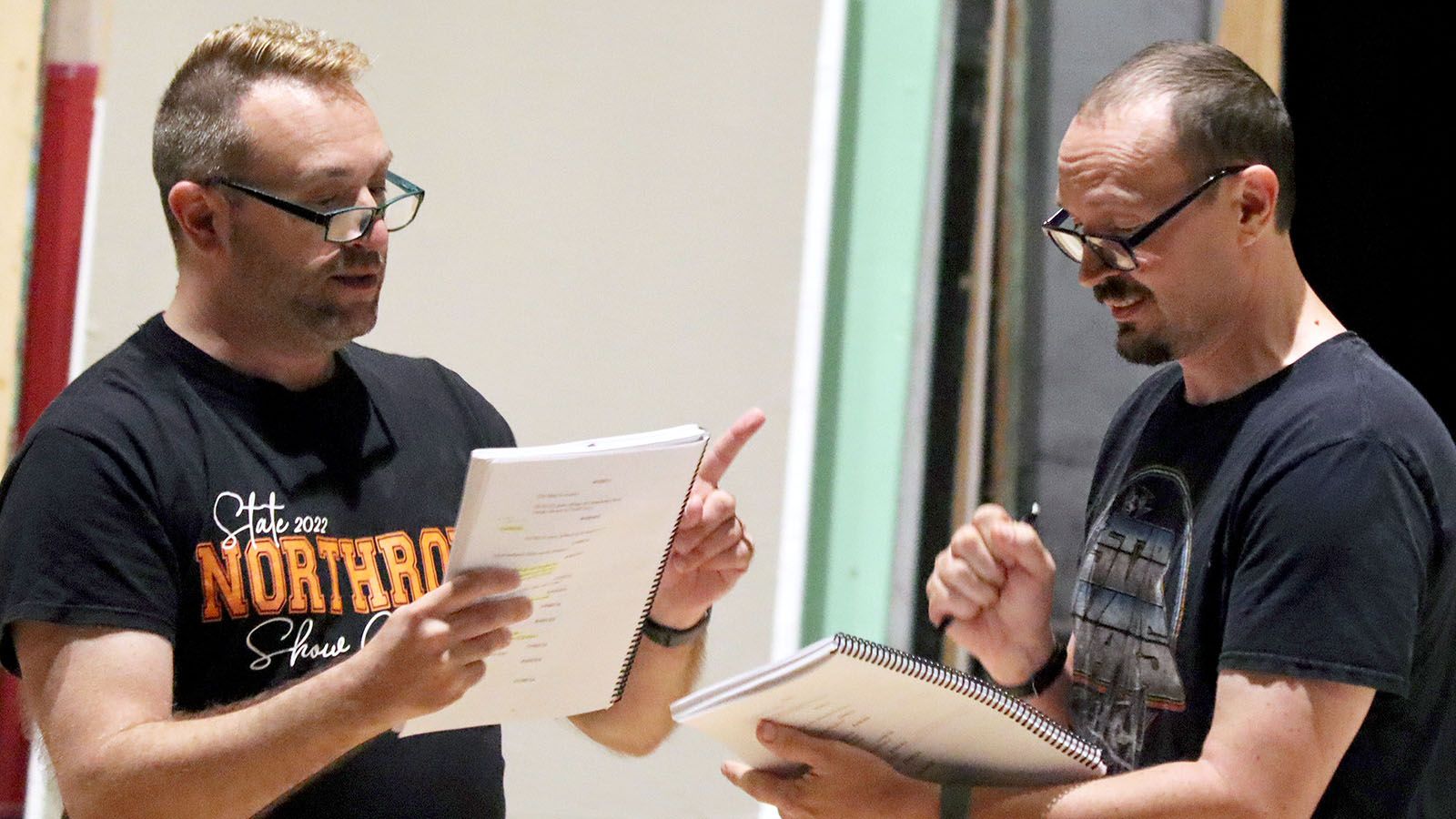 Chris Rasor, left, and Tom Wilson rehearse a scene for First Presbyterian Theater’s upcoming production of Head Over Heels.