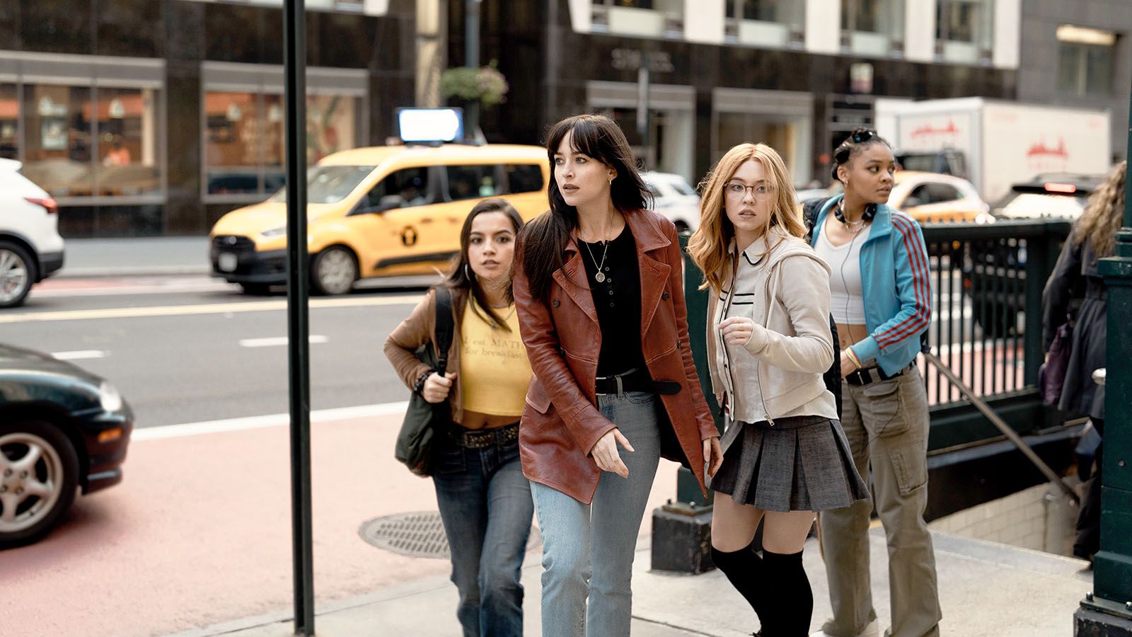 The new superhero film Madame Web stars, from left, Isabela Merced, Dakota Johnson, Sydney Sweeney, and Celeste O’Connor.